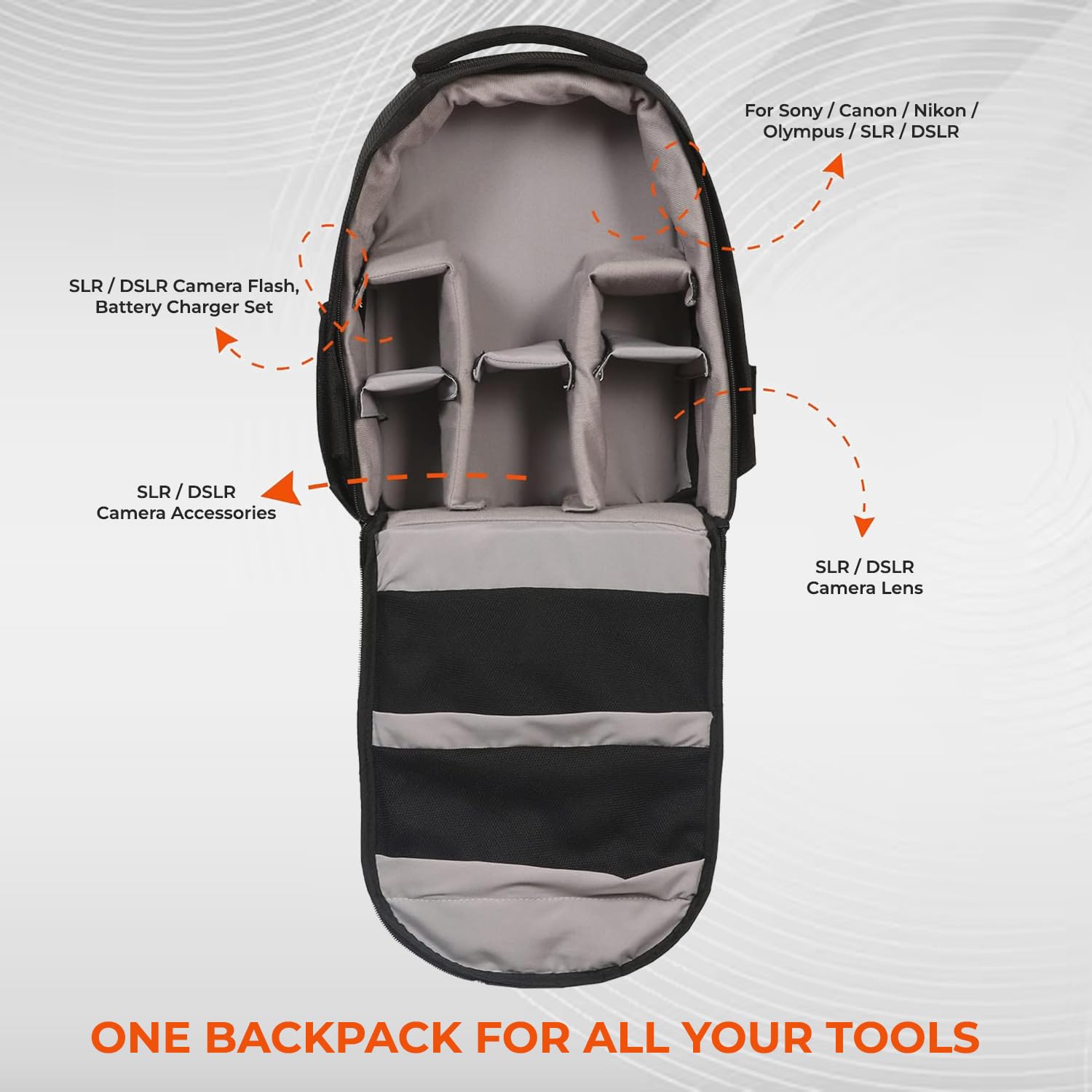 Tygot Water Resistant Camera Backpack with Extra Front Pocket Photographers Bag with Rain Cover Tripod Holder Compatible for Sony Nikon Canon Panasonic DSLR (Black & Orange)